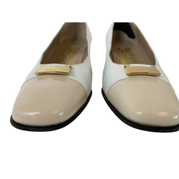 Ferragamo White Beige Leather Heels Low Chunky 1.5" Heel Italy Size 6AA I10067 - Picture 12 of 13